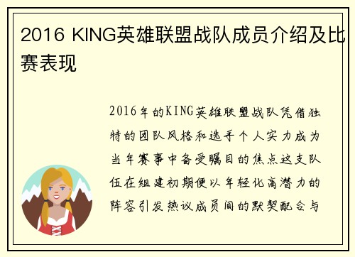2016 KING英雄联盟战队成员介绍及比赛表现