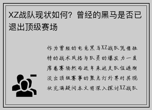 XZ战队现状如何？曾经的黑马是否已退出顶级赛场